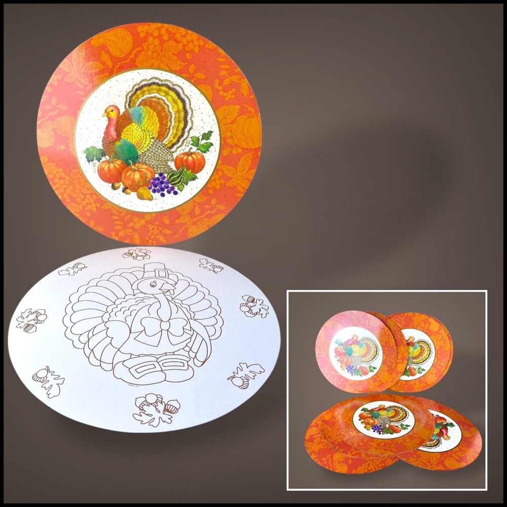 80s Thanksgiving Turkey PAPER Placemats 14 Reversible Color Page Back DISPOSABLE